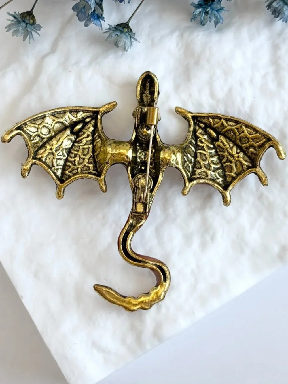 Flying Dragon Figural Red Winged Enameled Rhinestone Ornate Textured Brooch Pin